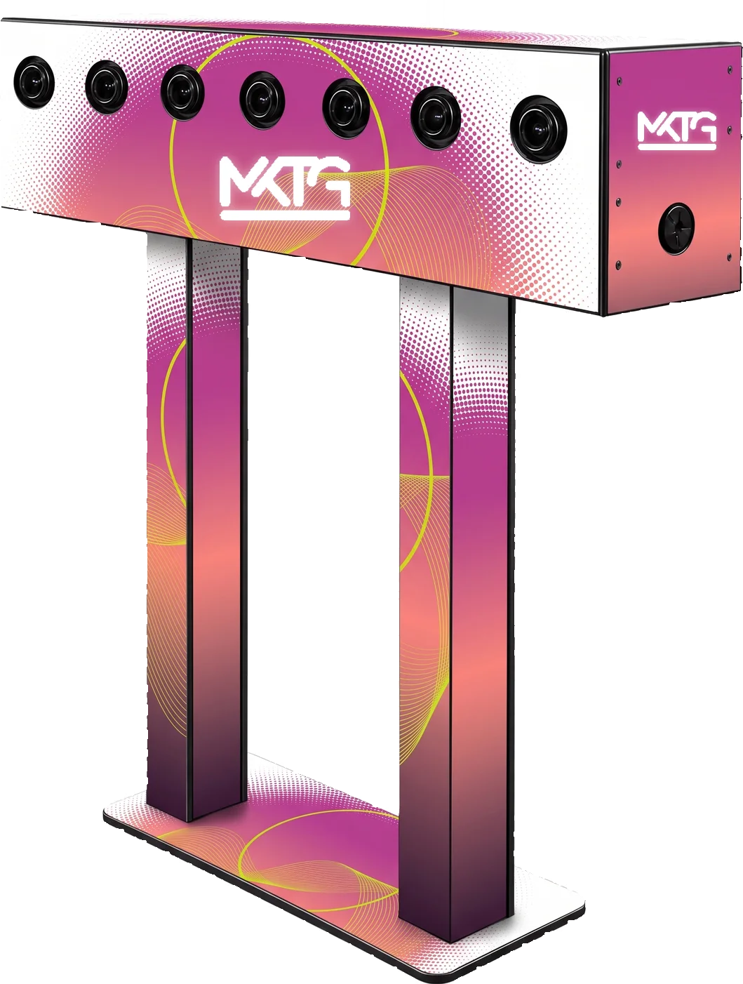 Array multi-camera gantry with seven camera lenses across the top beam, shown in a MKTG custom wrap
