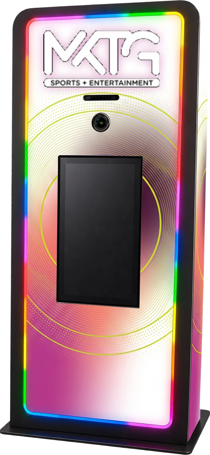 Elevated Kiosk with LED edge lighting, large touch screen, and integrated printer, shown in a MKTG custom wrap
