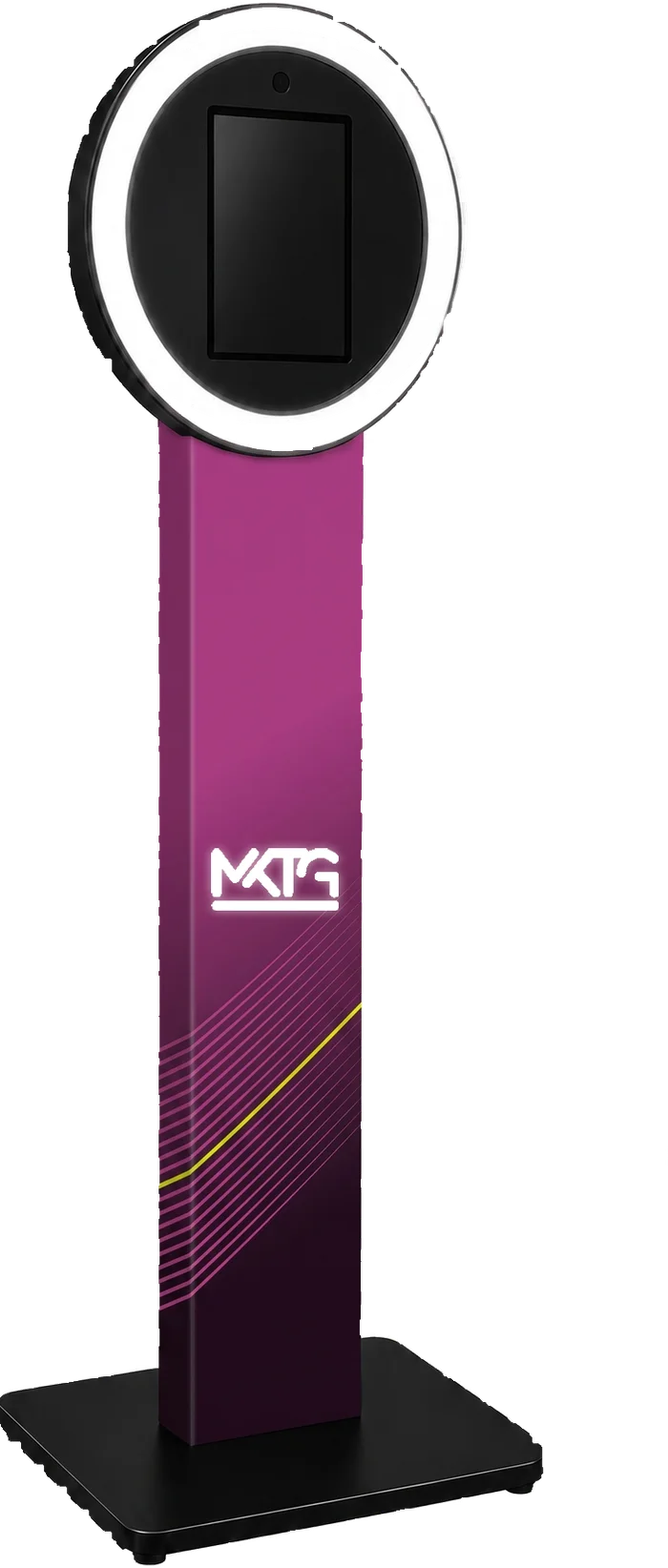 Selfie Station kiosk with halo ring light, shown in a MKTG custom wrap