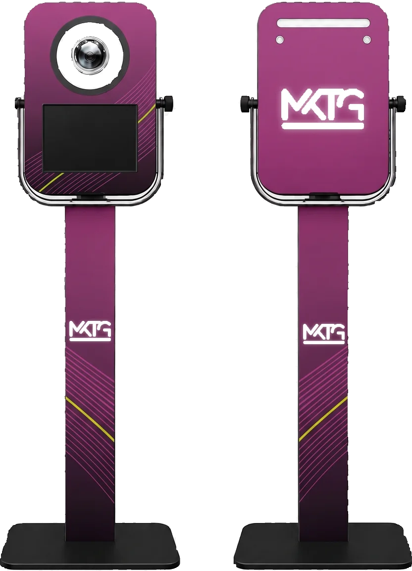 PRO booth, front and back, with adjustable tilting head unit, shown in a MKTG custom wrap