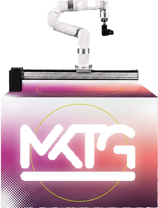 Robotic camera arm mounted on a rail atop a branded base cabinet, shown in a MKTG custom wrap